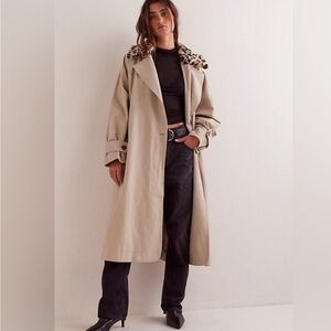 Free People x Revolve need it trench Tan French oak leopard print collar NWT
